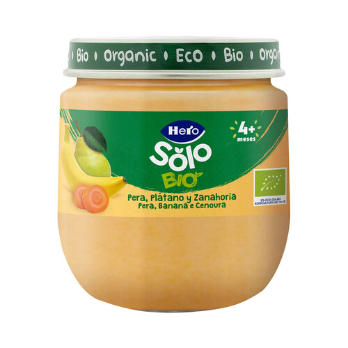 HERO Solo bio Tarrito de frutas y hortailiza (pera y plátano y zanahoria) ecológicos, a partir de 4 meses 120 g.