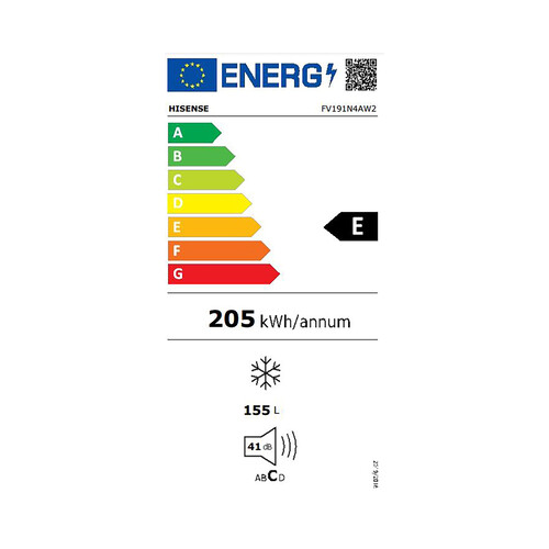 Congelador vertical143,4 cm HISENSE FV191 N4AW2, NO FROST, clasificación energética: E, H: 143,4cm, A: 55cm, F: 56,2cm, capacidad total: 155L.