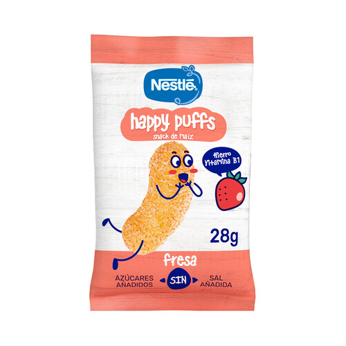 NESTLÉ Snack a base de maíz con plátano y fresa, a partir de 1 año NESTLÉ Happy puffs 28 g.