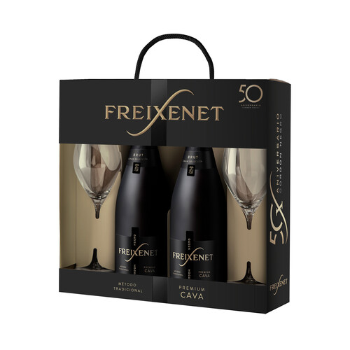 FREIXENET Cordón negro Estuche con 2 botellas de cava brut gran selección con D.O Cava + 2 copas.