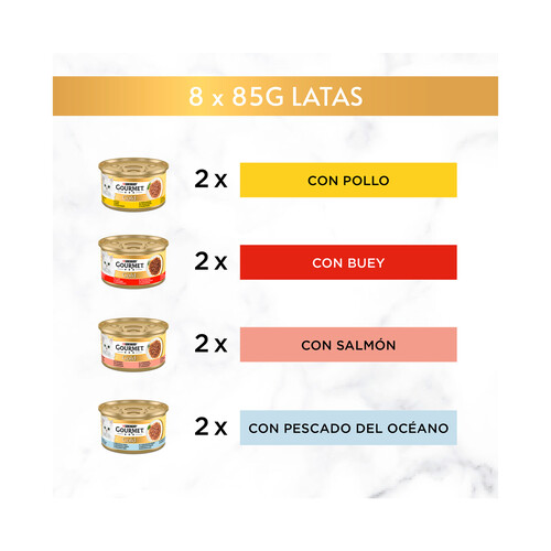 PURINA Gourmet gold delicias suculentas Alimento húmedo para gatos con pollo (2), buey (2), salmón (2) y pescado del océano (2) 8 x 85 g.