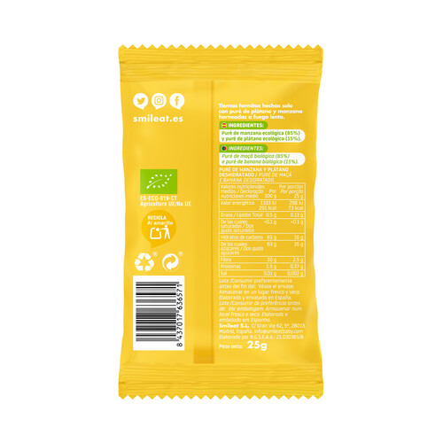 SMILEAT Triboo Snacks de pure de plátano y manzana, horneados a fuego lento y con divertidas formas 25 g.