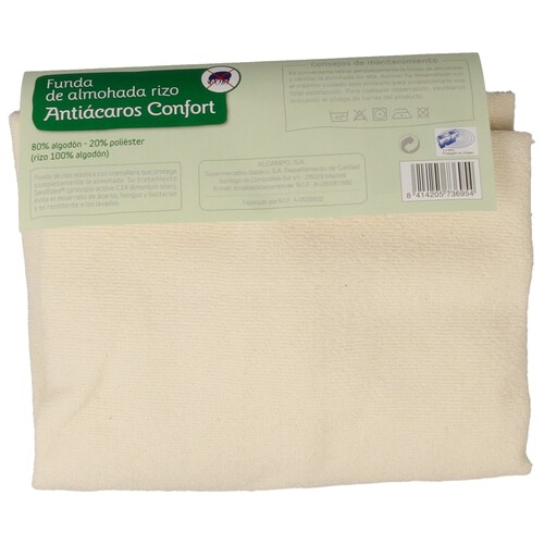 Funda protectora de almohada 80% algodón 20% poliéster, elástica antiácaros, 105 centímetros PRODUCTO ALCAMPO.