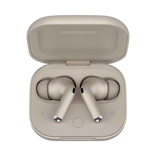 Auriculares bluetooth MOTOROLA Moto Buds+, con micrófono, estuche de carga, color beige. 