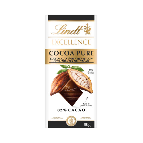 LINDT Excellence Chocolate negro 82% de cacao elaborado únicamente con ingredientes del cacao 80 g.