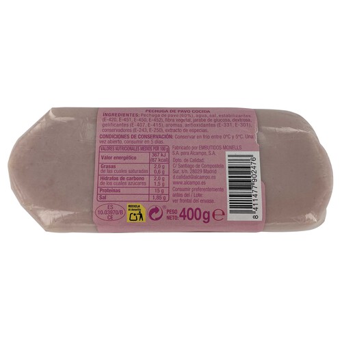 AUCHAN Pechuga de pavo cocida 400 g. Producto Alcampo