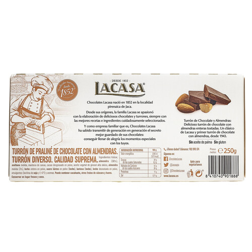 Turrón de chocolate y almendras LACASA 250 g.