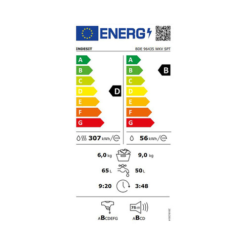 Lavadora secadora INDESIT BDE 96435WKVSPT, capacidad lavado/secado: 9KG/6KG, clasificación energética: D/B, 1400RPM, H: 85cm,A: 59,5cm,F: 54cm.