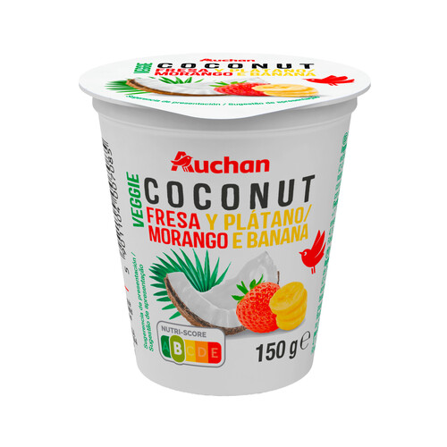 AUCHAN Yogur vegetal de coco con fresa-platano sin azúcar 150 g. Producto Alcampo.