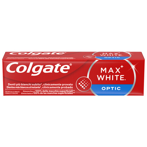 COLGATE Max white optic Pasta de dientes con flúor y acción blanqueante instantánea 75 ml.