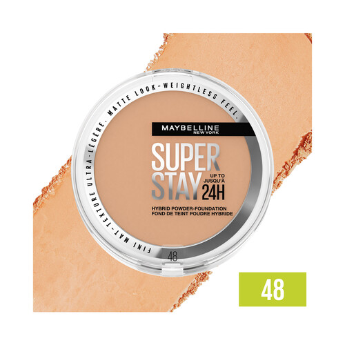 MAYBELLINE Super stay híbrido 24h  tono 48  Base de maquillaje en polvo de alta cobertura, acabado mate .