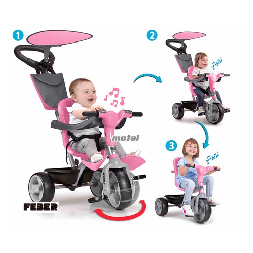 Triciclo evolutivo color rosa con luces y sonidos, Baby Plus Music, FEBER.