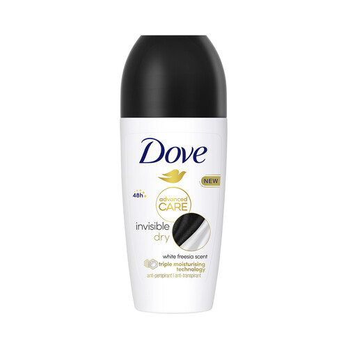 DOVE Desodorante roll on para mujer que no deja manchas en nuestra ropa DOVE Advanced care invisible dry 50 ml.