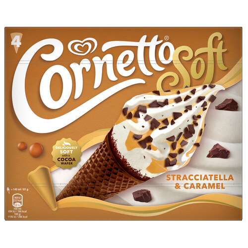 CORNETTO Soft de Frigo Conos de helado de vainilla, stracciatella y caramelo 4 x 140 ml.