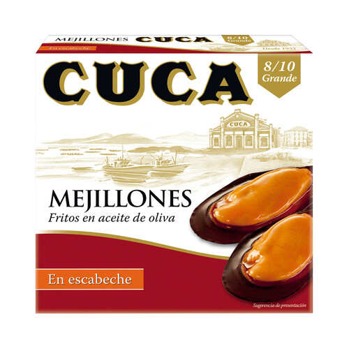 CUCA Mejillones fritos en aceite de oliva , en escabeche, 8/10 piezas 69 g.