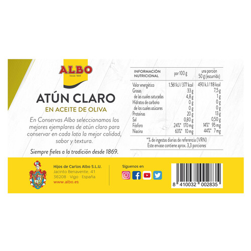 ALBO Atún claro en aceite de oliva lata de 167 g.