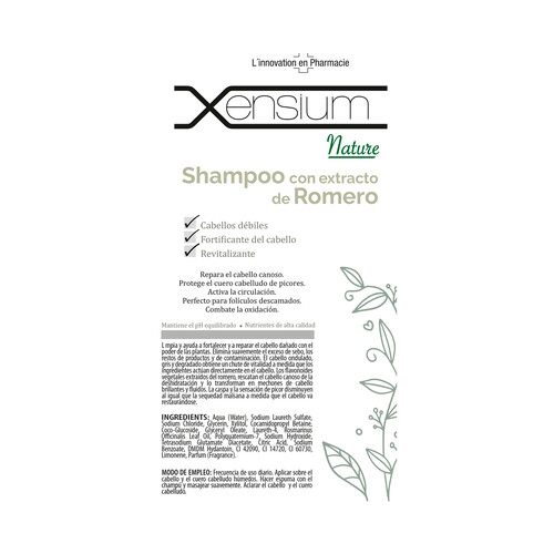 XENSIUM Nature Champú con extracto de romero, indicado para prevenir y disimular las canas 500 ml.