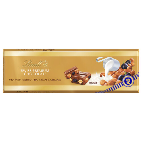 LINDT Chocolate suizo de leche con uvas pasas y avellanas enteras 300 g.