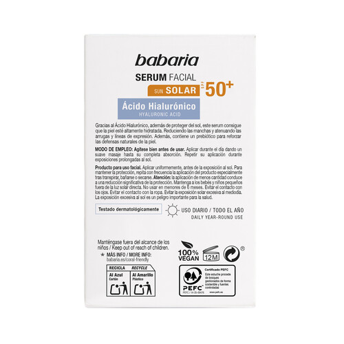 BABARIA Sérum protector solar hidratante, con ácido Hialurónico y FPS 50+ 30 ml.
