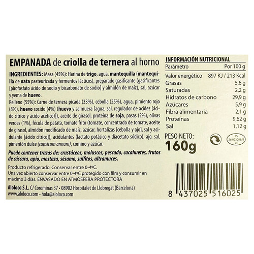 ALOLOCO Empanada criolla de carne 2 x 80 g.