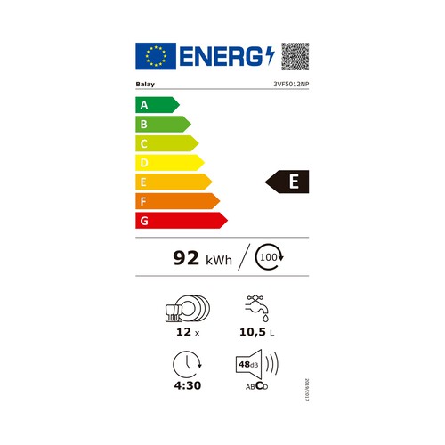 Lavavajillas integrable BALAY 3VF-5012NP capacidad: 12 servicios, clasificación energética: E, H: 81,5cm, A: 59,8cm, F: 55cm.