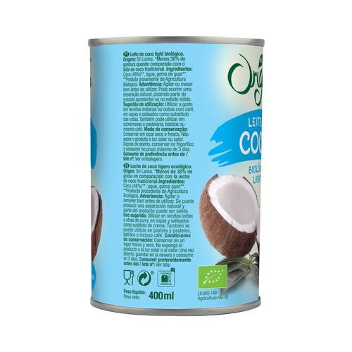 ORIGENS Leche de coco light Bio ORIGENS 400 ml.