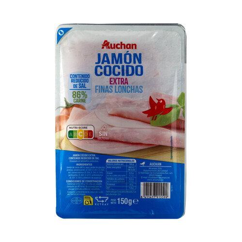 AUCHAN Jamón cocido extra, con contenido reducido en sal,  cortado en finas lonchas 150 g. Producto Alcampo.