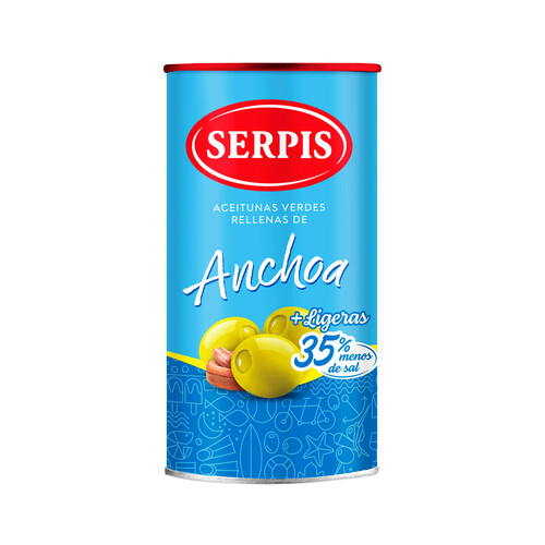 SERPIS Aceitunas verdes rellenas de anchoa (35% menos de sal) lata 150 g.