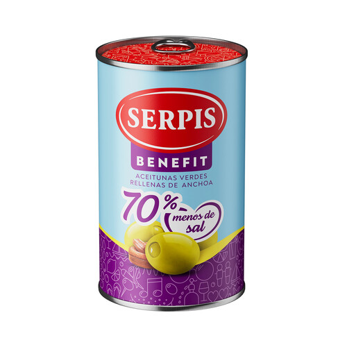 SERPIS Benefit Aceitunas verdes rellenas de anchoa (70% menos de sal) lata 130 g.