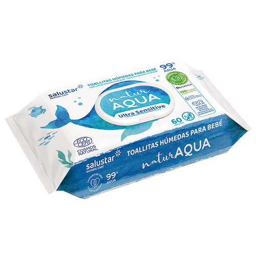 SALUSTAR Natur aqua Toallitas húmedas para bebé, aptas para pieles sensibles 60 uds.