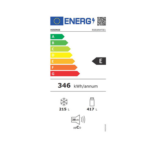 Frigorífico americano 179,5cm HISENSE RS818N4TIE1 INOX NO FROST, clasificación energética: E, H: 179,5cm, A: 91cm, F: 73cm, dispensador agua/hielo, capacidad total: 632L.
