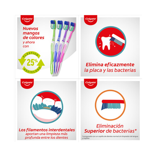 COLGATE Cepillo de dientes medio, que ayuda a eliminar las bacterias bucales COLGATE Extra clean 4 uds.