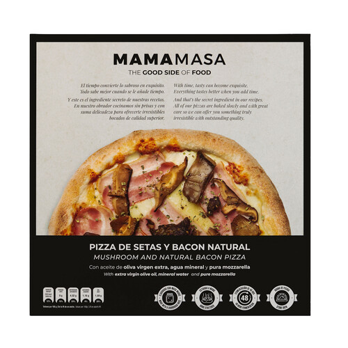 MAMAMASA Pizza congelada de setas y bacon natural, con AOVE y mozzarella 100% 435 g.