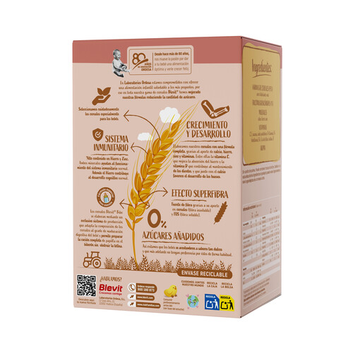 BLEVIT Bibe Papilla de cereales sin gluten, fórmula especial para biberón, a partir de 4 meses 500 g.