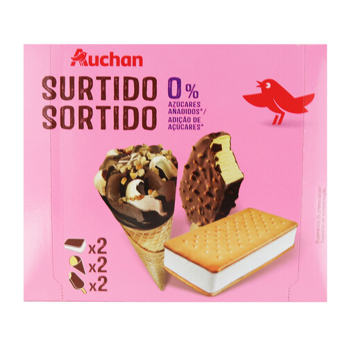 AUCHAN Caja con 3 tipos de helados diferentes, todos ellos sin azucares añadidos 6 uds. Producto Alcampo