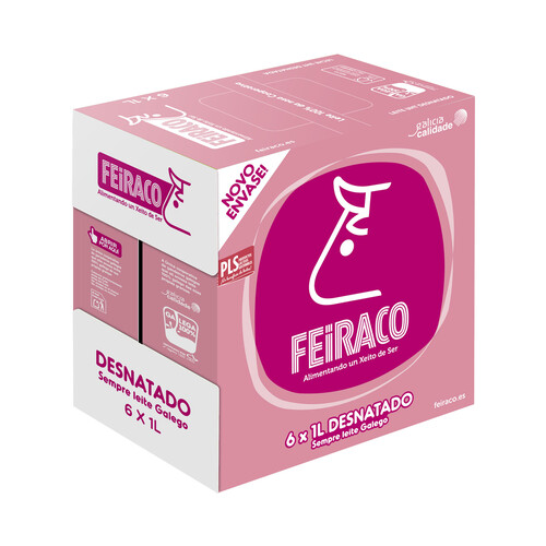 FEIRACO Leche de vaca desnatada y de origen 100% gallega 6 x 1l.