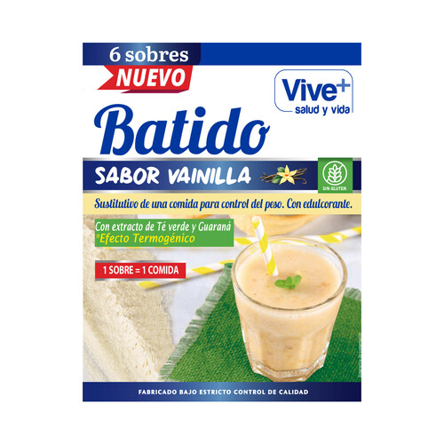 VIVE+ SALUD Y VIDA Batido sustitutivo sabor vainilla, con extracto té verde y guaraná VIVE + SALUD Y VIDA 180 g.
