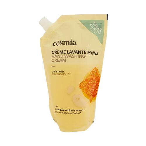 COSMIA Recambio de jabón (gel) de manos líquido, con aroma a leche y miel 500 ml.