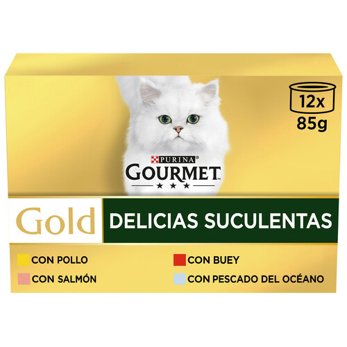 PURINA Gourmet gold delicias suculentas Alimento húmedo para gatos con pollo (3), buey (3), salmón (3) y pescado del océano (3) 12 x 85 g-