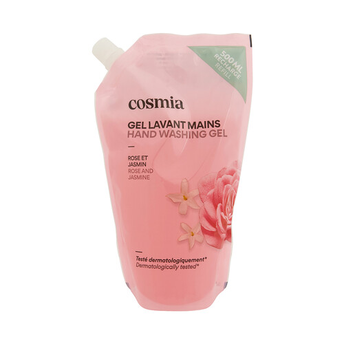 COSMIA Recambio de jabón (gel) de manos líquido, con aroma rosa y jazmín 500 ml.