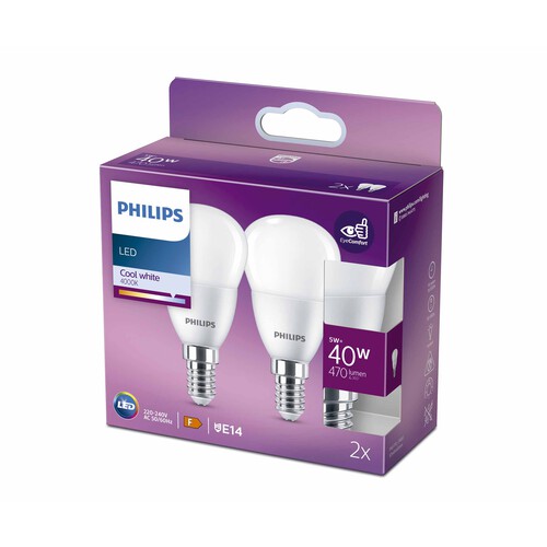 Pack de 2 bombillas Led E14, 5W=40W, luz neutra 4000K, 470lm, PHILIPS.