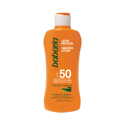 BABARIA Leche solar protectora, con acción aceleradora del bronceado y factor de protección 50 (muy alto) BABARIA 200 ml.