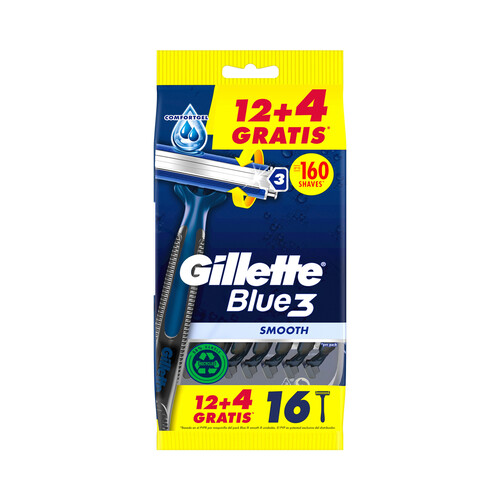 GILLETTE Blue 3 smooth Maquinilla de afeitar desechable con cabezal pivotante de 3 hojas 16 uds.