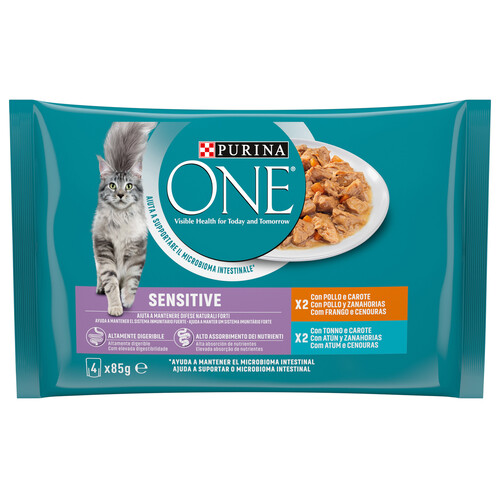 PURINA One Comida para gatos sensitive a base de pollo y zanahorias (2) o atún y zanahorias (2) 4 x 85 g.