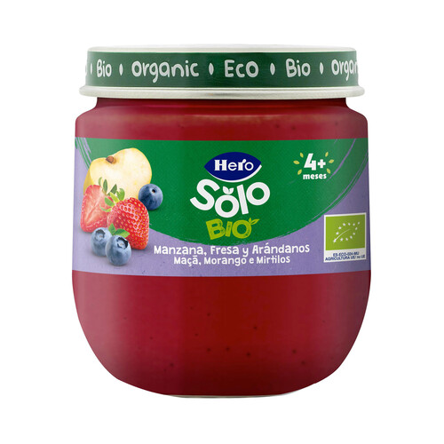 HERO Solo bio Tarrito de frutas (manzana, fresa y arándanos) ecológicas, a partir de 4 meses 120 g.