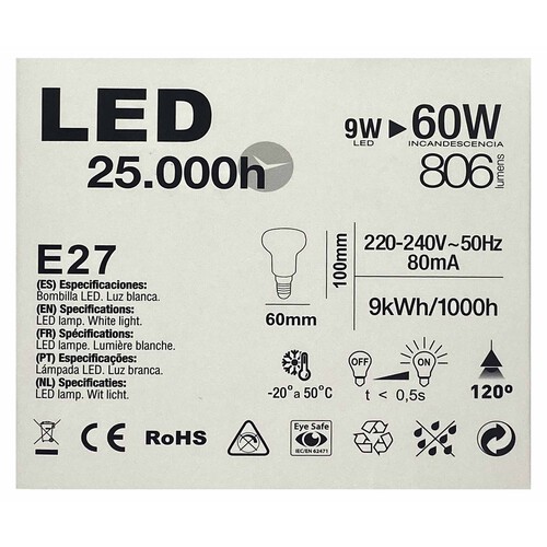 Pack de 2 bombillas Led E27, 9W=60W, luz neutra 4000K, 806lm, SEVENON.