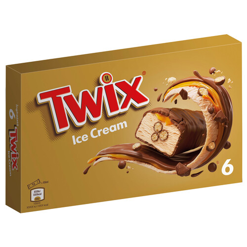 TWIX Barrita de helado de caramelo con trozos de galleta, recubierta de chocolate 6 x 50 ml.