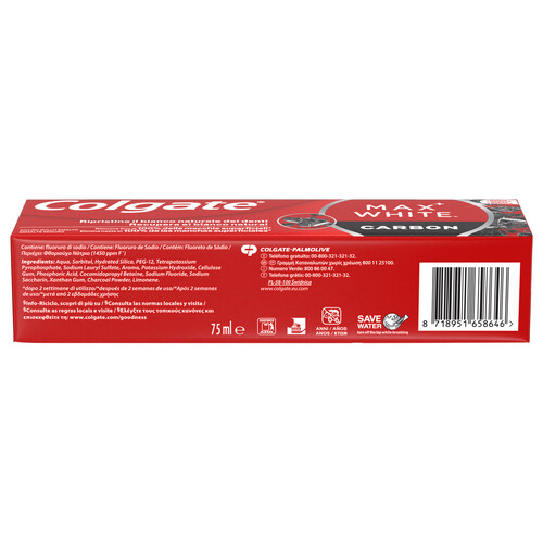 COLGATE Max white carbon Pasta de dientes con acción blanqueante 75 ml.