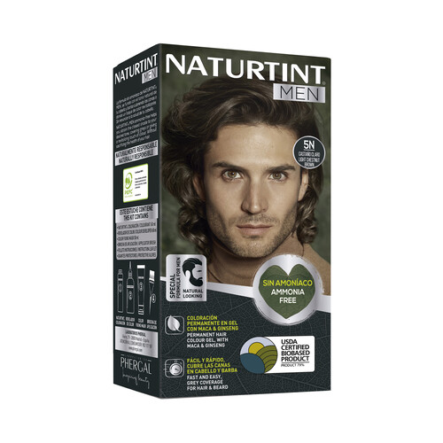 Coloración permanente en gel para barba y cabello, tono 5N castaño claro NATURTINT Men.