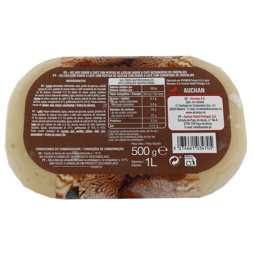 AUCHAN Tarrina de helado de café 1 l. Producto Alcampo